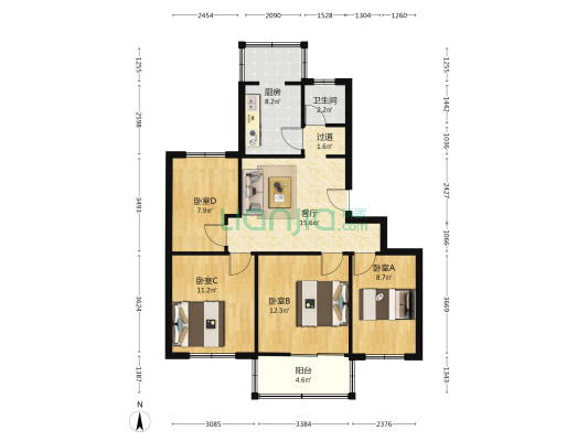 行政学院校园楼 4室1厅1卫 85平方