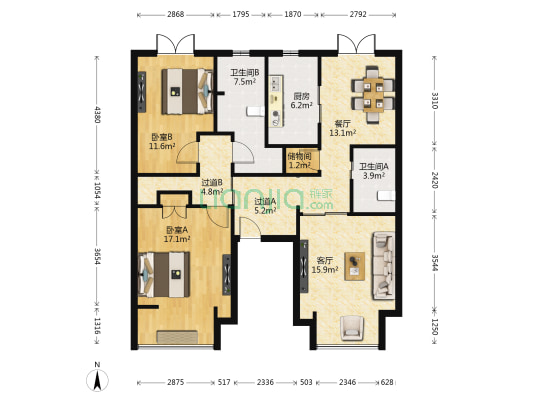茂名坊 2室2厅2卫 107平方