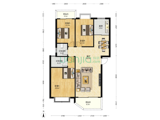 博雅花园 3室1厅2卫 124平方