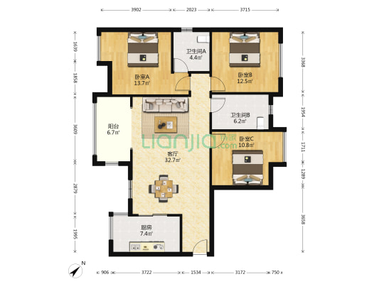 水岸花都 3室1厅2卫 114平方