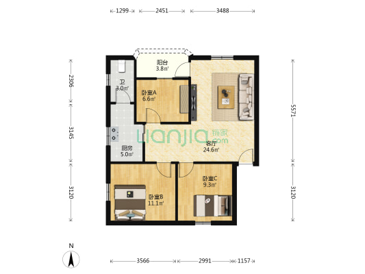 利业花园 3室1厅1卫 80平方