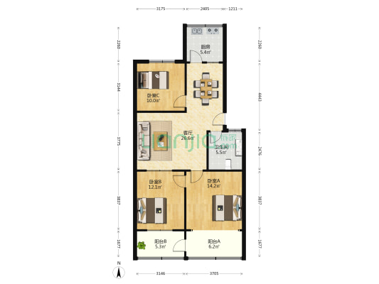 市直工委宿舍 3室1厅1卫 101平方
