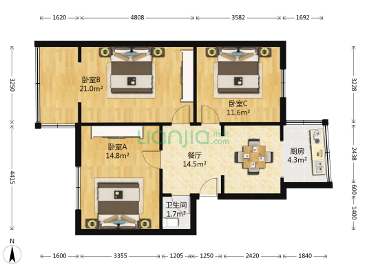 周家庄小区 3室1厅1卫 80平方