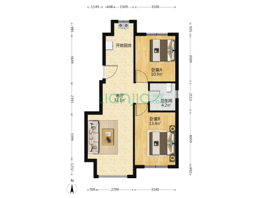 英伦铭筑 2室1厅1卫 77平方