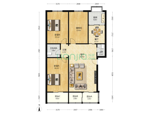 晟方家属院 2室2厅2卫 129平方