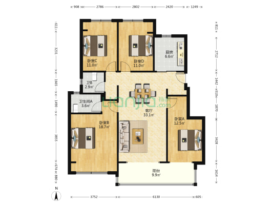 湖语颂 4室1厅2卫 122平方