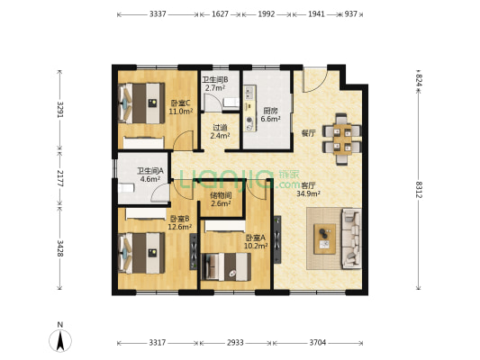 万科翡翠四季 3室1厅2卫 119平方