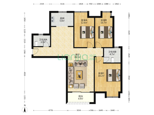 天润新苑小区 3室1厅2卫 122平方