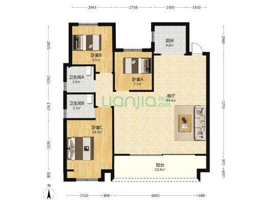 新上海花园 3室1厅2卫 133平方