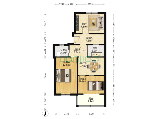 校门口小区 2室2厅1卫 60平方