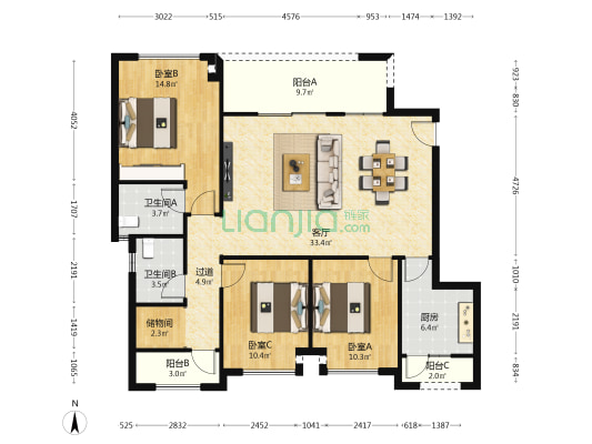 荣盛观云郡云景组团 3室1厅2卫 117平方
