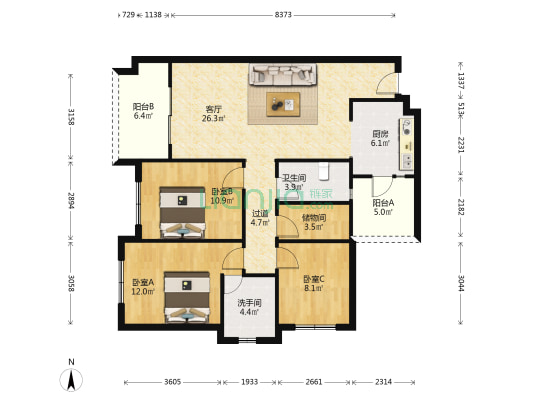 滨江琉森  3室1厅2卫 93平方