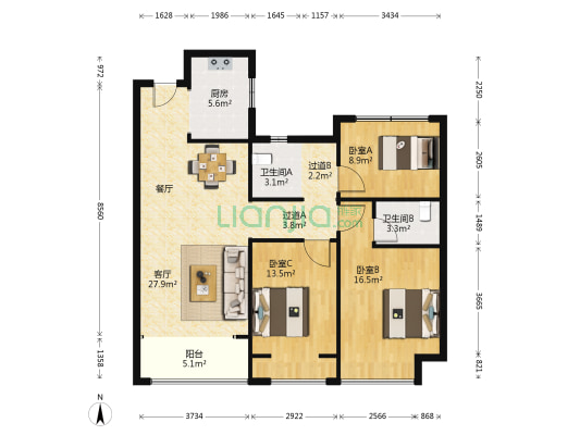 亚星双河居 3室1厅2卫 109平方