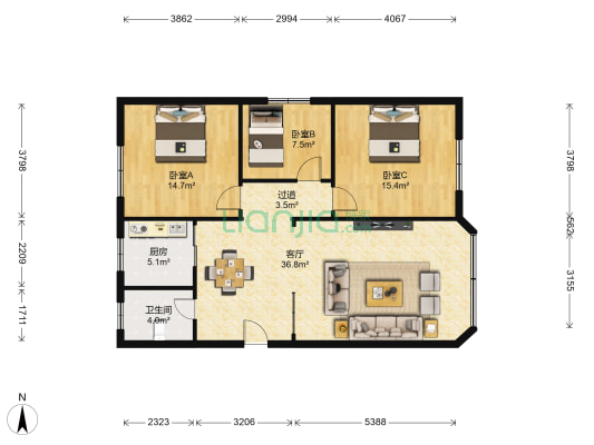 康洋公司小区 3室1厅1卫 107平方