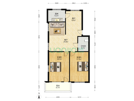 联建公寓 2室2厅1卫 100平方