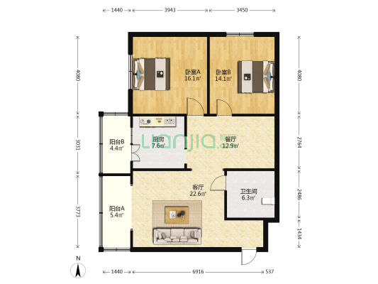 圣德园 2室2厅1卫 111平方