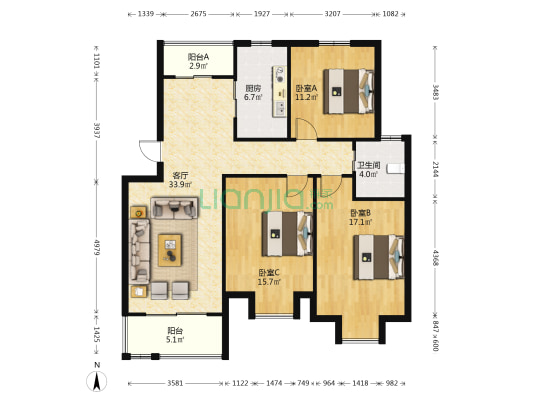 锦荷佳苑 3室1厅1卫 112平方