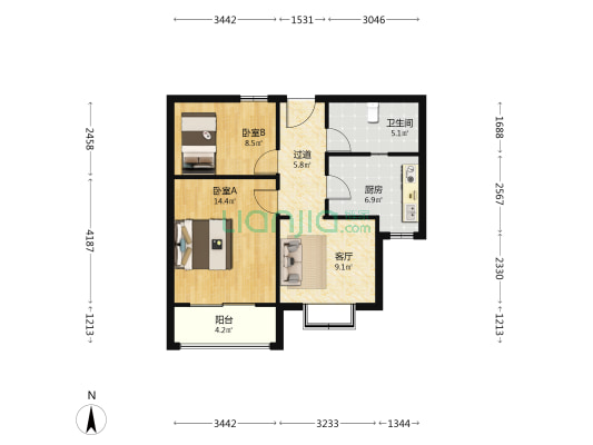 新天地花园 2室1厅1卫 68平方
