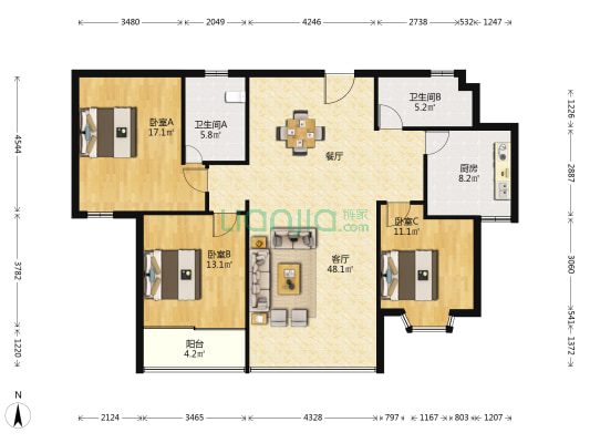 玉君佳苑 3室1厅2卫 143平方