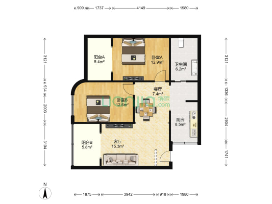 蓬莱花苑 2室2厅1卫 106平方