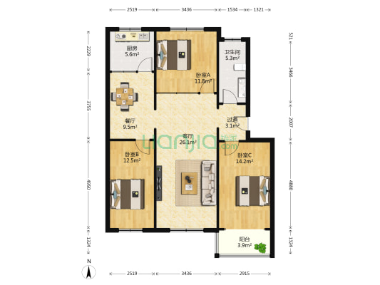 大冷藏家属院 3室2厅1卫 112平方