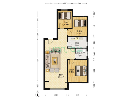 吉星花园(南关区) 3室1厅1卫 105平方