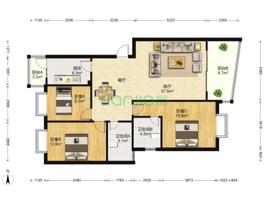 绿洲花园 3室1厅2卫 115平方