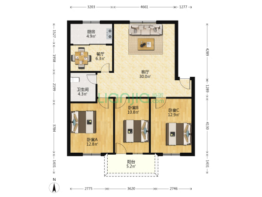 井大路中医院宿舍 3室2厅1卫 104平方