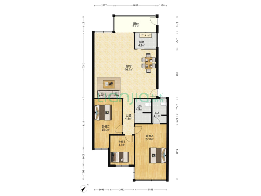 二环路北四段4号 3室1厅2卫 124平方