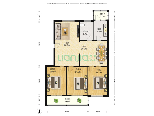农发行家属楼 3室2厅1卫 131平方