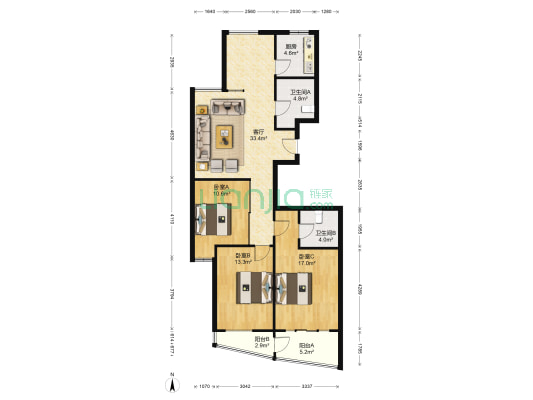 百合公寓 3室1厅2卫 126平方