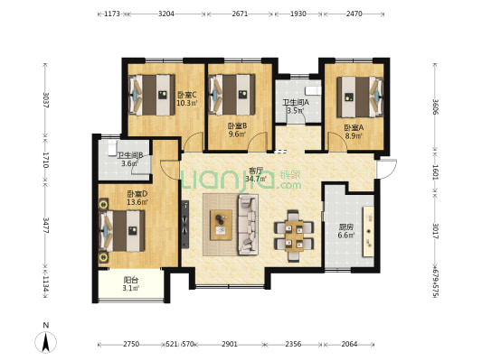 上和郡 4室1厅2卫 118平方