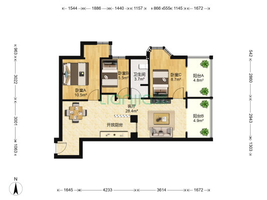 中关委大厦 3室1厅1卫 85平方