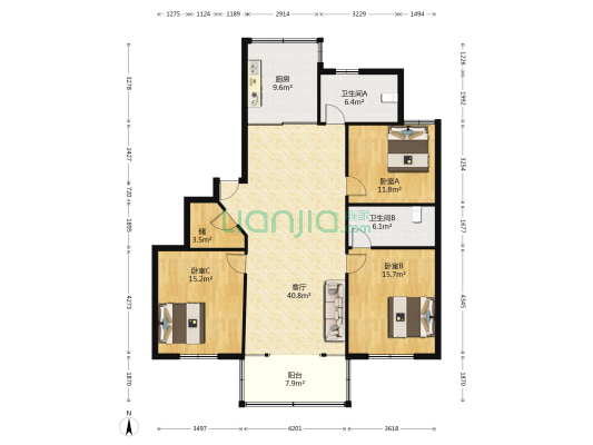 江南花苑 3室1厅2卫 134平方
