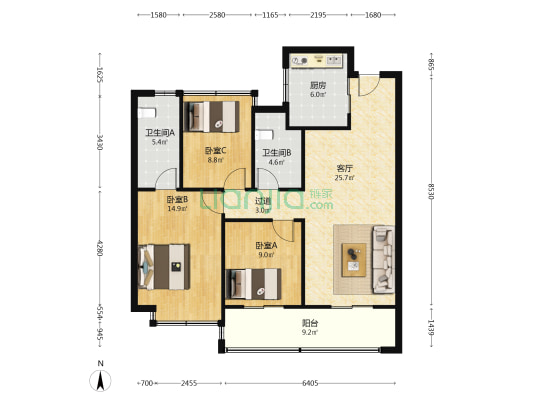 万科悦达·聚珑东方 3室1厅2卫 114平方