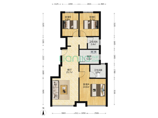 华远海蓝城二期 3室1厅2卫 94平方