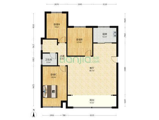 吾悦华府C区 3室1厅1卫 127平方