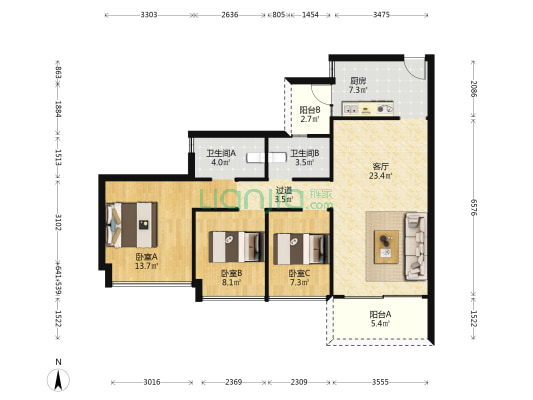臻品园 3室1厅2卫 89平方