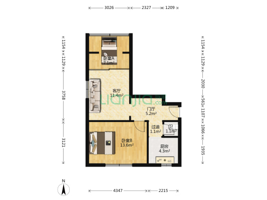 林荫街11号 2室1厅1卫 52平方
