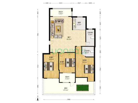 新绿美地 3室1厅2卫 135平方