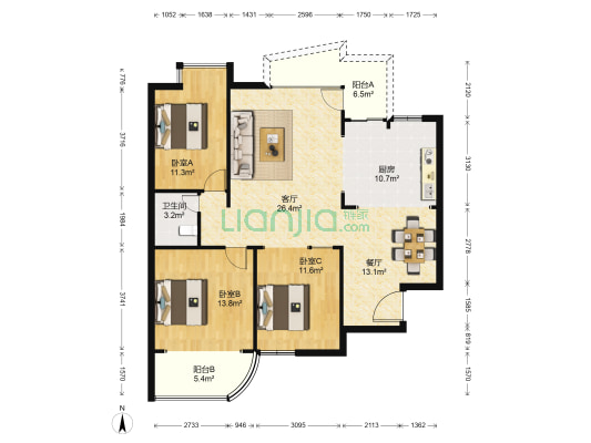 华天新城 3室2厅1卫 127平方