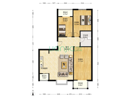 华郡新苑 3室1厅1卫 127平方