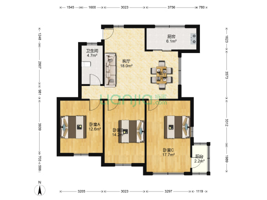 广州石油大学宿舍 3室2厅1卫 82平方