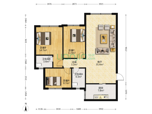 光瑞万和世家A区 3室1厅2卫 111平方