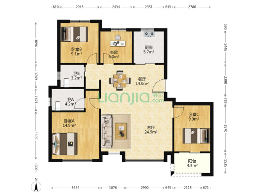 云谷中心 4室2厅2卫 129平方