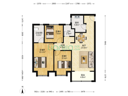 中垠御苑 3室1厅2卫 110平方