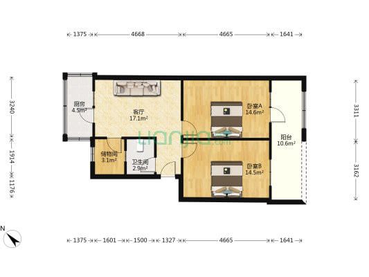 物资局宿舍(江汉) 2室1厅1卫 75平方