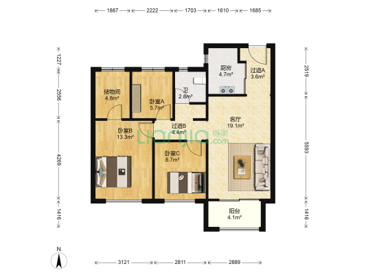 万科森林公园旭庭 3室1厅1卫 99平方