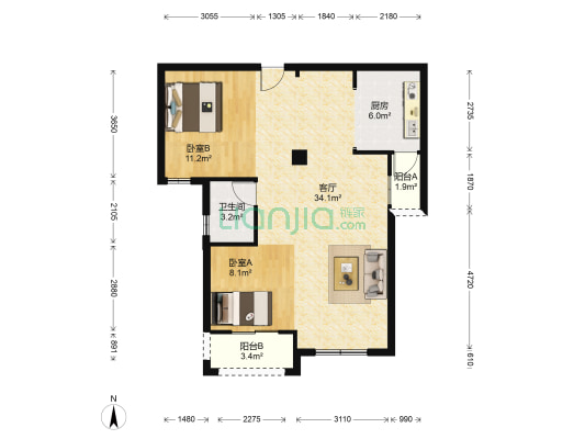福晟滨江国际 2室1厅1卫 88平方