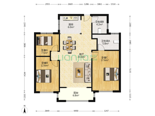 泰山院子 3室1厅2卫 118平方